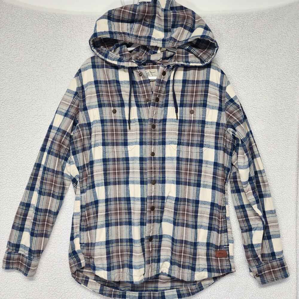 L.L.Bean Mens Plaid Hooded Flannel Shirt Shacket Sz M Slightly Fitted Button Up